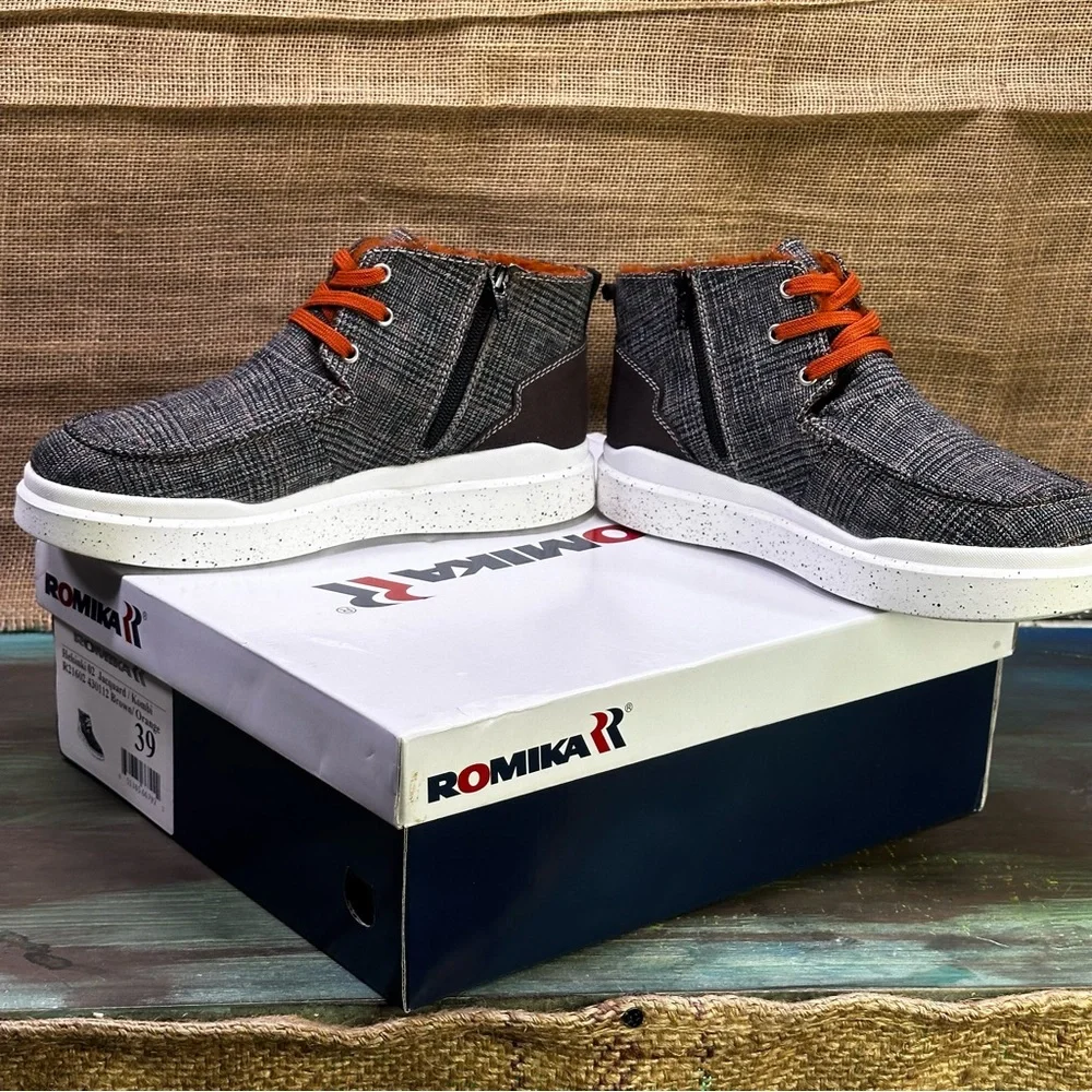 Romika Helsinki 02 brown & orange plaid high hi‎ top sneakers boots size 8